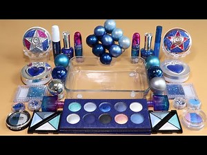 Mixing'Galaxy Blue'Eyeshadow,Makeup and glitter Into Slime!Satisfying Slime Video!★ASMR★