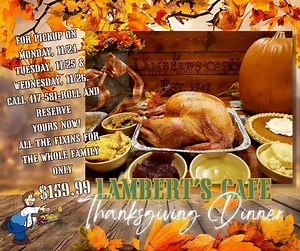 Our Thanksgiving Turkey family pack is back this year! A big roasted turkey, all the fixins, pumpkin pie and of course ROLLS! You can call and reserve your pack all the way up until Friday the 21st of November, and choose Monday, Tuesday or Wednesday of Thanksgiving week for your pickup time! Choose to pickup hot for dinner right away or chilled for reheating at your convenience! Give us a call! #Thanksgiving | Lambert's Cafe Ozark
