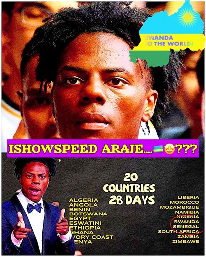 🚨 𝐔𝐏𝐃𝐀𝐓𝐄𝐒! IshowSpeed made the comment while in Botswana, explaining that he won’t be able to livestream gorilla trekking in Rwanda due to dense forest and tall trees.🦍🇷🇼 IShowSpeed, Umunyamerika umaze kuba icyamamare ku mbuga nkoranyambaga, yatangaje ko ateganya urugendo ruzatuma agera mu bihugu bigera kuri 20 bya Afurika mu minsi 28, harimo n’u Rwanda. Kuri ubu akaba ageze kure uru rugendo ruzenguruka ibi bihugu. 📺Credit: IShowSpeed (Youtube Channel @IshowSpeed) Ads: 🟢𝐑𝐄𝐌𝐄𝐌𝐁
