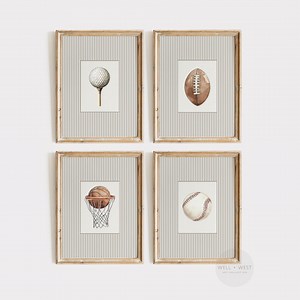 Set of Four Sports Ball Prints | Vintage Style Illustration | Baseball, Football, Golf, Basketball | Boys Room Printable Nursery Art | PS145 - Etsy
