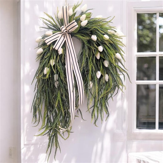 Spring White Tulip Wreath, Cascading Saw Grass Easter Wreath, Modern Farmhouse Front Door Entryway, Minimal Neutral Floral Decor, - Etsy