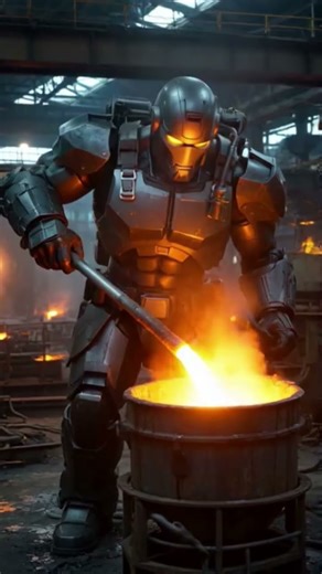A powerful, specialized humanoid robot is depicted intensely engaged in work involving fire.