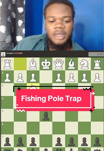 Fishing Pole Trap - Some characteristics of the fishing Pole Trap is: delaying castling so that way you keep keep your Rook on the h file, sacking the bishop to Open the h file, delay the development of the knight so you queen gets easy access to h4 - P.S I’m accepting private students, some persons may not be able to see me again due to the ban, shoot me a message or apply with the link in my bio. - #chess #chesscom #chesstok #chesstricks #chesswithakeem