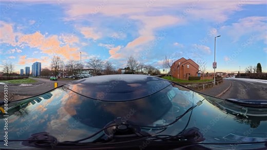 Luton City Streets Tour on Car During Cold Sunny Afternoon, Evening and During Sunset on 5th January, 2026. Low and Ultra Wide Angle Panoramic Car Mounted 360 Camera Footage