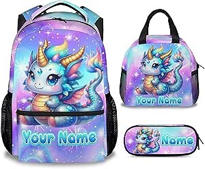 Personalized Backpack for School, Dragon Backpack with Lunch Box, Girls Bookbag for Ages 6-8, Custom Back to School Gifts, 17 Inch Preschool Book Bag Set