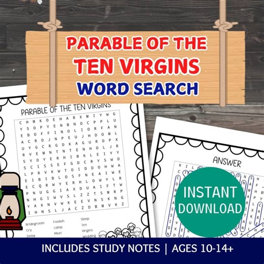 Parable of the Ten Virgins Word Search, Sunday School Lessons and Worksheets