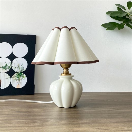 Handmade Ceramic Table Lamp With White Petal Fabric Shade, 3 Color Adjustable Light, 11.8” Bedside Lamp, Free Bulb Included - Etsy