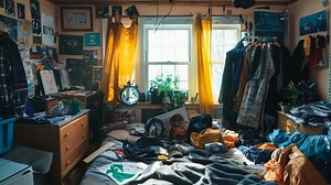 A messy room with a bed, dresser, and clothes hanging on the wall
