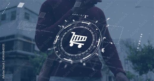 Man raising smartphone in shop window for shopping, AR shopping-cart HUD rotating and adding nodes