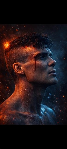 PROMPT: Create a dramatic ultra-cinematic portrait based on the attached image of the person in side profile, intense and focused expression, short faded cut with textured top, detailed skin pores and sweat. Fiery orange light shining on the forehead and temple, contrasting with cool bluish-blue/blue lighting on the face and shoulder. Nude upper body with wet skin, sparks, embers, floating particles and dust in the air. Dark and moody background, shallow depth of field, volumetric lighting, cine