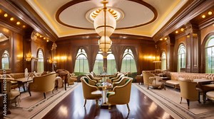 Ornate interior of a high-end restaurant featuring arched windows, wood paneling, intricate ceiling design with chandelier lighting.