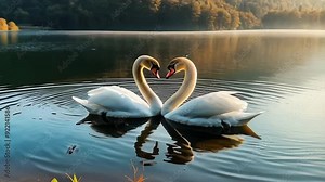 animal wildlife love and fantasy concept two white swans in love swimming in lake swans making heart shape from necks in dreamlike and magical background