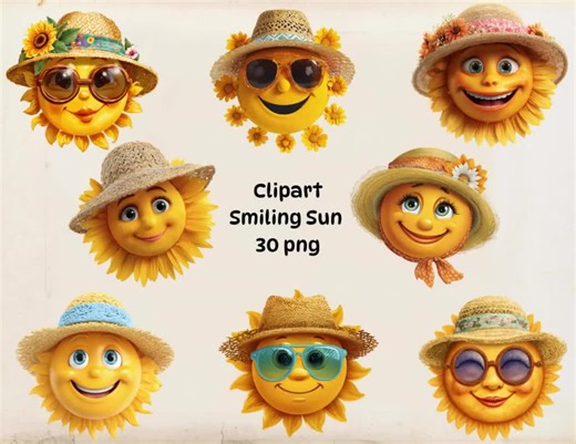 Smiling Sun Clipart PNG Bundle, Cute Summer Sun Faces With Hats, Transparent Background, Instant Download, Commercial Use - Etsy