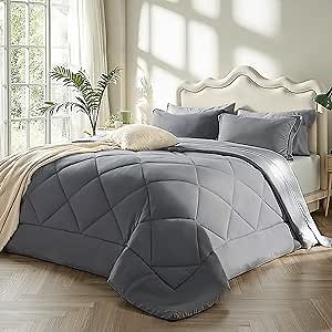 Bedsure King Size Comforter Set - 7 Pieces Reversible Grey Bedding, King Size Bed Set for All Seasons, Bed in a Bag with Down Alternative Comforter, Sheets, Pillowcases & Shams