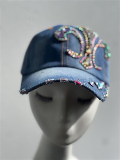 Rhinestone Fleur-de-lis Denim Baseball Cap – Mardi Gras Crystal Hat, Distressed Jean Cap - Etsy