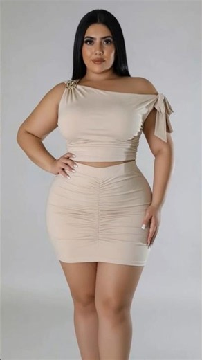 Plus Size Beige One-Shoulder Crop Top & Ruched Mini Skirt | Chic Curvy Neutral Look 🤍✨