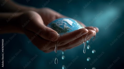 Close up of hands holding a small melting Earth globe concept