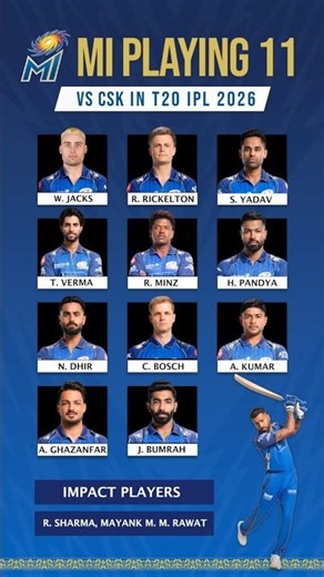 MI Playing 11 vs CSK IPL 2026 💥 Mumbai Indians Team & Squad #mi #ipl2026