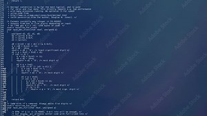 Simple source code scrolling animation, white characters on blue background. Aurora lights appear as an overlay.