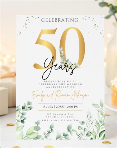 50th Anniversary Invitation Gold Green Digital Template Editable in Canva - Etsy