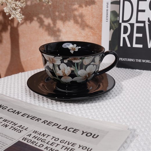 Handmade Japanese Black Ceramic Coffee Mug,handcrafted 260ml White Flower Tea Cup and Saucer Set,wabi Sabi Artisan Pottery,unique Water Cup - Etsy