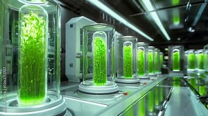Advanced bioreactor system filled with vibrant green cultures in a high-tech laboratory environment