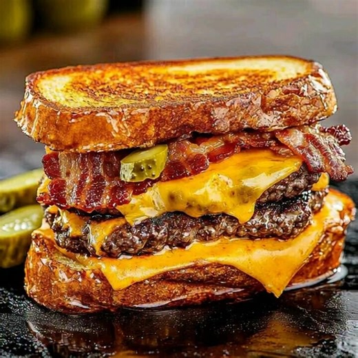 Bacon Cheeseburger Grilled Cheese Ingredients: 2 slices of thick-cut bread 2 beef patties 2 slices cheddar cheese 4 slices of crispy bacon 1 tbsp butter Pickles for garnish Recipe in (c.o.m.m.e.n.t )👇 | Recipes By Angel