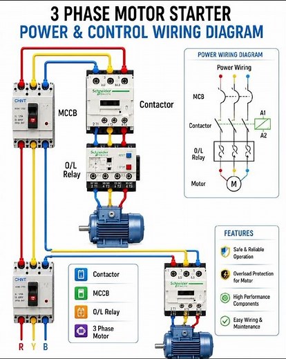 Title:3 Phase Motor Starter Power & Control Wiring Diagram | Complete Connection Tutorial