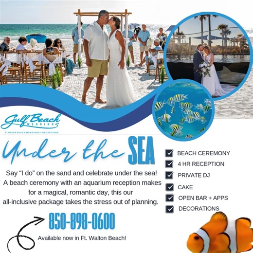 Attention Brides to Be! 💍 🐟 Now offering the ultimate coastal celebration: Under the Sea Say “I do” on the sand and celebrate under the sea! 🐠 Pick your favorite beach ceremony, then add this amazing aquarium reception option for a truly magical, romantic day. This dreamy package includes: 4-hour dinner reception filled with fun, sea animals, and love 🐠 Private DJ to set the perfect soundtrack 🎶 Delicious cake for the sweet celebration 🍰 Coastal décor to perfectly tie your day together 🌺 