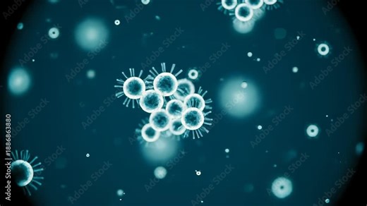virus particle cell microbe cluster spike membrane sphere biology organism. Circular field containing floating structures. Single and grouped forms present structural variety and spatial distribution.