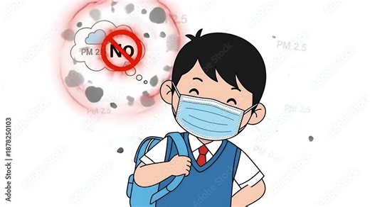 School Boy Wearing Face Mask Protection Against PM 2.5 Air Pollution