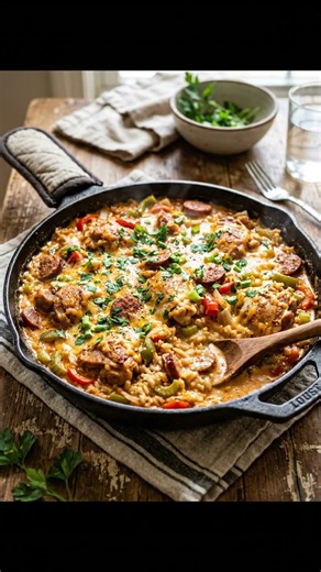 one-pan-creamy-cajun-chicken-and-sausage-rice-bake