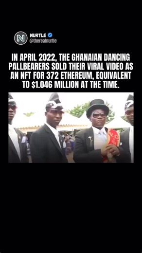 Nurtle on Instagram: "The Ghanaian Dancing Pallbearers, a funeral group from Ghana known worldwide for their choreographed coffin dances, entered the NFT space during the peak of the crypto boom. In April 2022, the group sold the original viral video that made them famous as a non fungible token for 372 Ethereum, equivalent to $1.046 million at the time. —————— #viral #culture #crypto #funny #Nurtle"