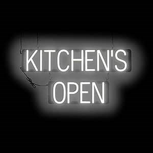 SpellBrite KITCHEN'S OPEN Sign for Business | Open Signage with Neon Look, White LED Light Source | 29.9" x 15.0"