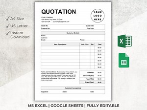 Quotation Template | Editable Quote Form | Price Quote for Small Business | MS Excel | Google Sheets | Job Estimate Form | Proposal Template - Etsy