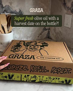 "The “Starter Kit” is the best way to get started with Graza! You’ll get: 🫒Drizzle & Sizzle 🫒Two refill cans 🫒A free funnel for easy-peasy refilling!" | Graza