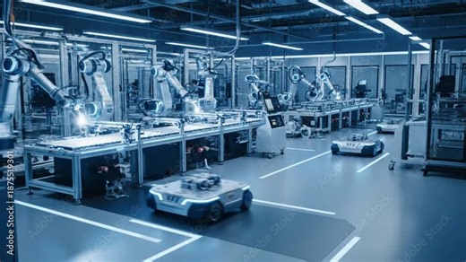 Automated factory production line with robotic arms and autonomous vehicles in a futuristic manufacturing facility