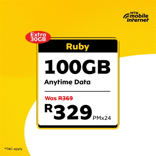 7.3K views · 7 comments | Switch to MTN today and enjoy 100GB of Anytime data with no limits. Get the Ruby mobile internet plan for R329pm online today, it’s your data, your rules. T&C apply. | MTN South Africa | Facebook