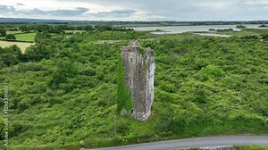 Irish castles Drone flying over ruined romantic Castle on the edge of the barren co.Clare Irish Epic Locations and Landscapes