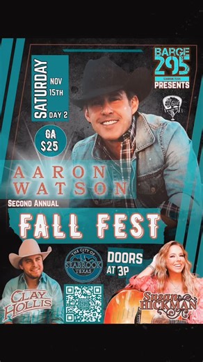 Get your tickets and VIP tables reserved early! Aaron Watson, Susan Hickman & Clay Hollis 😎 It's going to be a banger! 🔥💯 . https://events.outhousetickets.com/e/barge295-fallfest-aaronwatson . Check out the website thebarge295.com/accommodations for special group hotel rates for The Fall Fest weekend! 🍂 🎶 . #fallfest #seabrooktx #countrymusic #texasmusic #livemusic #singersongwriter #texas #barge295 #theyardatbarge295 | Susan Hickman