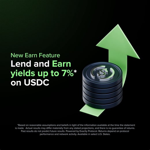 Earn yields up to 7%* on USDC 🔵New Earn feature is live! Turn your $USDC into an active, yield-generating asset in just a few taps.→ Earn yield through on-chain lending→ Watch your balance grow live→ Easy DeFi access Put your crypto to work 📲*Based on reasonable assumptions and beliefs in light of the information available at the time the statement is made. Funds are deposited to, and yields are paid by, the Exactly Protocol, a decentralized protocol on the Base blockchain. Financial forecasts