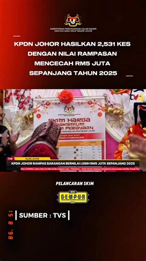 📊 KPDN JOHOR HASILKAN 2,531 KES SEPANJANG 2025 Sepanjang tahun 2025, Kementerian Perdagangan Dalam Negeri dan Kos Sara Hidup (KPDN) Johor telah melaksanakan penguatkuasaan secara berterusan dengan merekodkan sebanyak 2,531 kes hasil daripada 138,986 pemeriksaan di seluruh negeri. Nilai rampasan pula mencecah lebih RM5 juta, membuktikan ketegasan dan komitmen berterusan dalam membanteras pelbagai kesalahan di bawah undang-undang yang berkuat kuasa. Momentum penguatkuasaan akan terus diperkasa ba