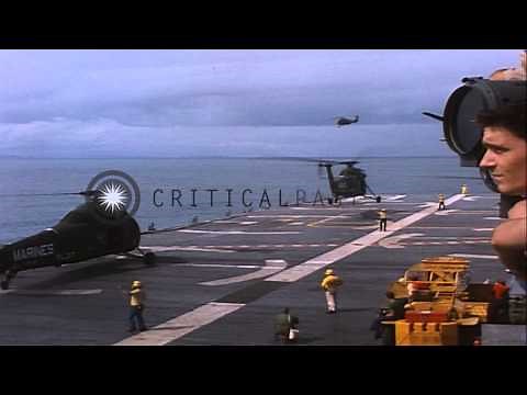 US UH-34D helicopter takes off from a US ship in Vietnam during Operation Double ...HD Stock Footage
