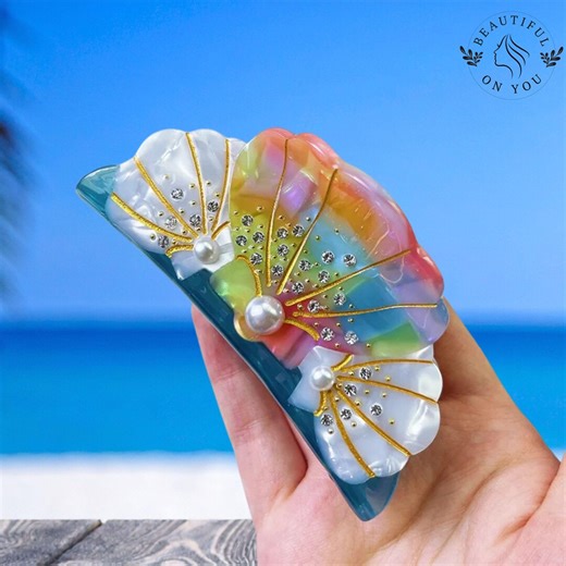 Ocean Shell & Starfish Acetate Hair Claw, Pearl Seashell Hair Clip, Beach Lover Gift - Etsy