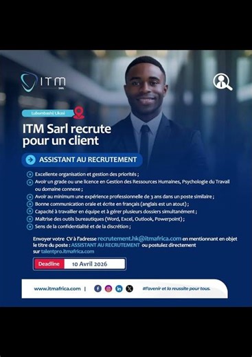 🚨 ITM recrute assistant RH à Lubumbashi #emploiRDC #jobLubumbashi #recrutementRDC #offreEmploi #ITM