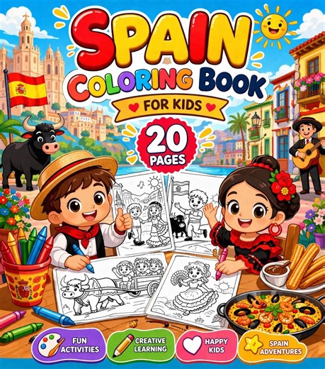 Spain Coloring Book for Kids, 20 Pages Printable PDF, Fun Spanish Activities, Bull Cart, Flamenco, Easy Coloring Pages for Toddlers