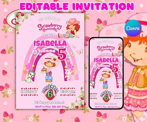 Editable Strawberry Shortcake Birthday Invitation ,printable Strawberry , Instant Download Digital Invitation Canva Template for Kids & Girl - Etsy