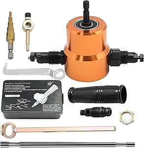 360 Degree Double Headed Sheet Metal Nibbler Drill Attachment Metal Cutter with Extra Punch and Die, 1 Cutting Hole Accessory and 1 Step Drill Bit