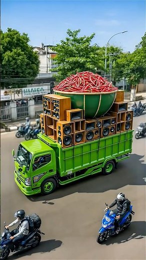 Evolution of a Fuso truck carrying sound horeg and a large bowl of chilies into a flower garden