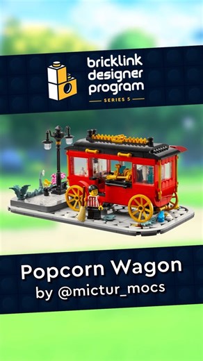 Pop by the Popcorn Wagon for a tasty treat! This colorful build features a working popcorn mechanism, removable roof and canopy, and a historic steam engine at its heart. Whether in a city park, town square, beach boardwalk, or even a winter village, the Popcorn Wagon brings joy wherever it rolls! 🍿 Popcorn Wagon is available for pre-order at $54.99 US / €54.99 DE on June 10th, 8 AM PT. Visit bit.ly/BDP-Series5 for details. #LEGO #BrickLink #BrickLinkDesignerProgram #BDPSeries5 | BrickLink